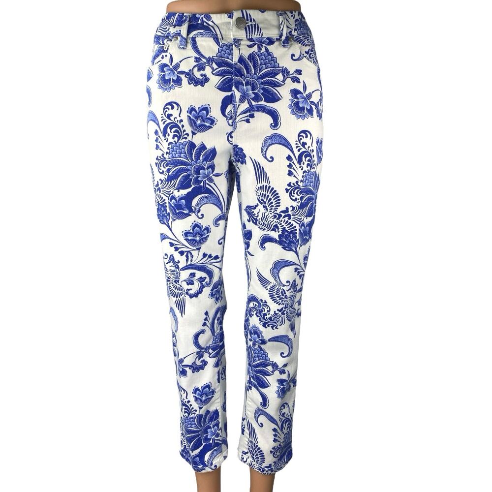 Chico's So Slimming Girlfriend Crop Blue White Paisley Floral Denim Jeans Size 0